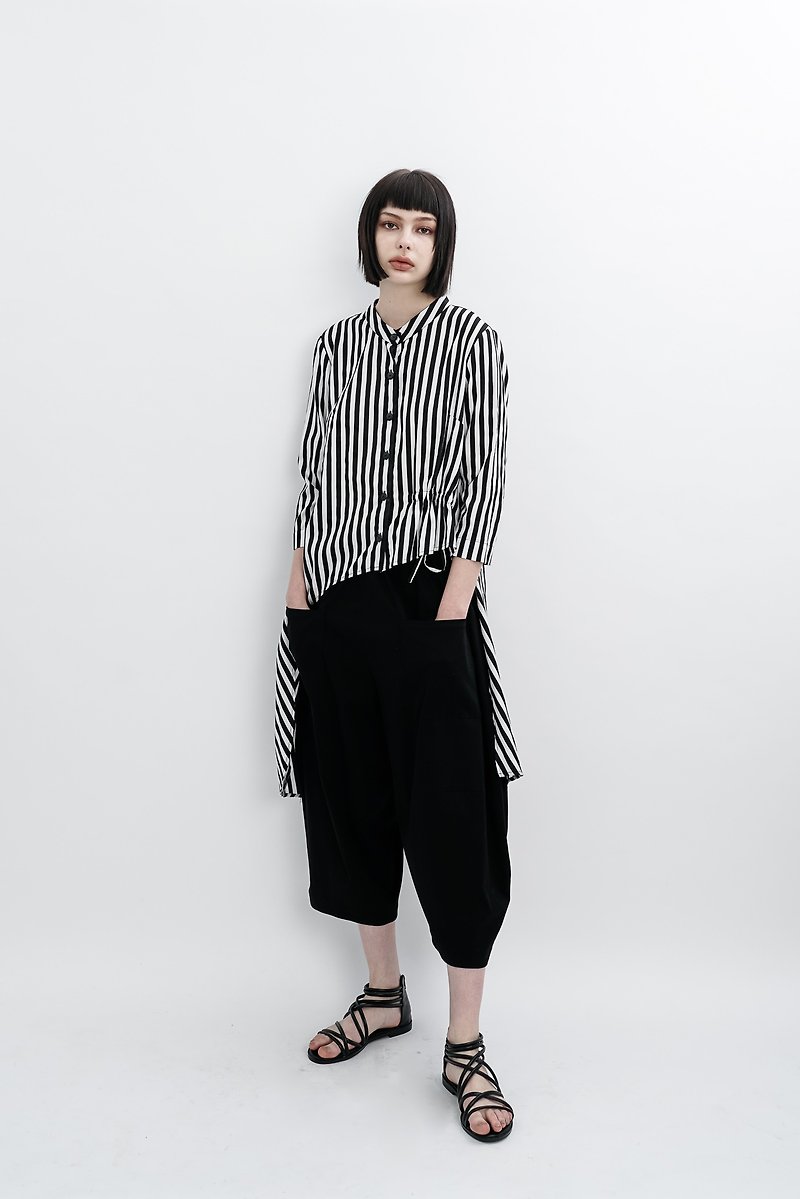 Waist rope with rounded drop. Striped cotton top. Spring and Summer | Ysanne - Women's Tops - Cotton & Hemp Black