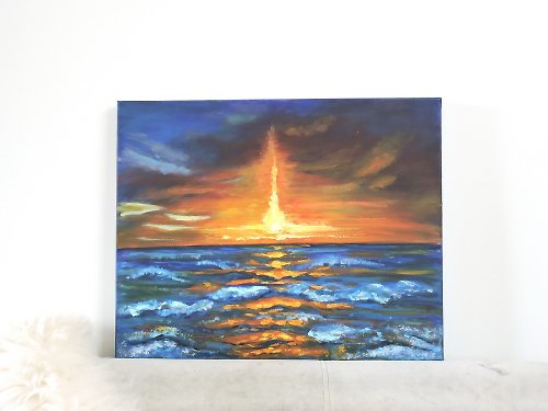 DCS-Art Sunset at the sea original impasto oil painting on canvas home wall decoration