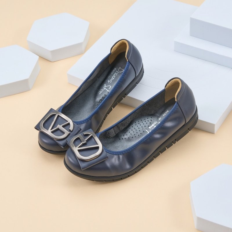 Wide last air cushion_iron black square buckle elastic band doll shoes dark blue - Mary Jane Shoes & Ballet Shoes - Genuine Leather Blue