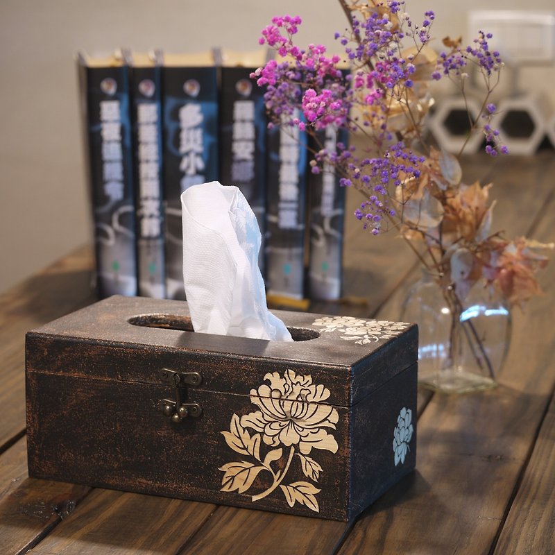 手工原木面紙盒 玫瑰造型 鄉村風 仿鍛造 面紙盒 衛生紙盒 木作 - 紙巾盒 - 木頭 金色