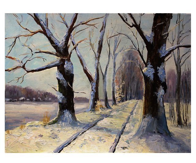 オークの木の絵画油白樺の木オリジナルアート雪に覆われた冬の風景 