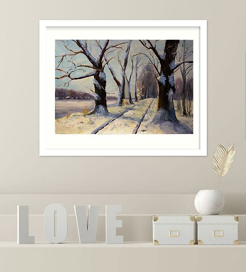 オークの木の絵画油白樺の木オリジナルアート雪に覆われた冬の風景