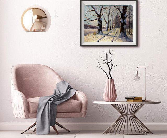 オークの木の絵画油白樺の木オリジナルアート雪に覆われた冬の