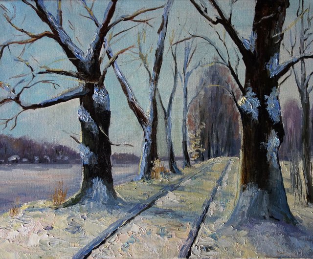 オークの木の絵画油白樺の木オリジナルアート雪に覆われた冬の