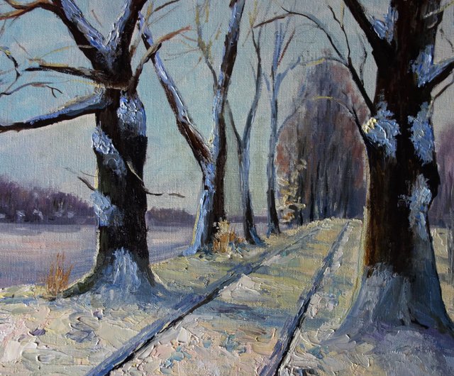 オークの木の絵画油白樺の木オリジナルアート雪に覆われた冬の