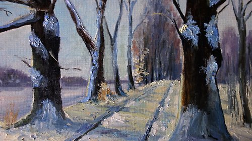 オークの木の絵画油白樺の木オリジナルアート雪に覆われた冬の風景