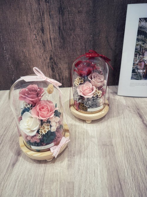 薄荷貓不凋花、乾燥花藝坊 永生花玻璃鐘罩夜燈款 生日禮物/母親節/情人節/畢業禮物/謝師禮