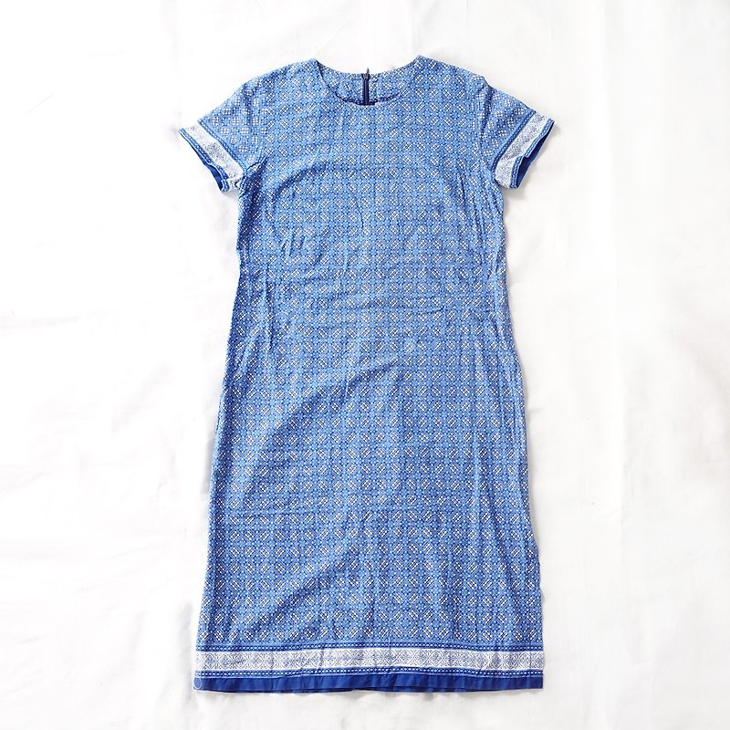 BajuTua /古著/ 民族風 藍色磚花圓領連身裙 - 洋裝/連身裙 - 棉．麻 藍色