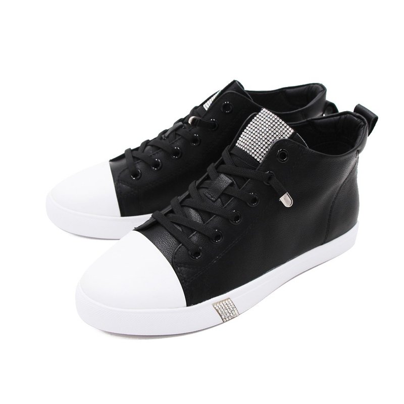 WALKING ZONE ラウンドトゥ ハイカット ラインストーン付きスニーカー レディース - ブラック (ホワイトもございます) - スリッポン - 革 