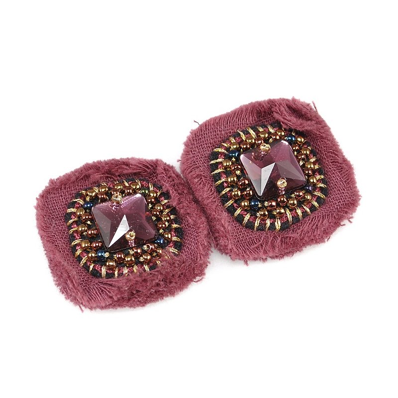耳環 gauze and beads earrings, flower earrings,statement earrings wine red  6 - 耳環/耳夾 - 棉．麻 紅色