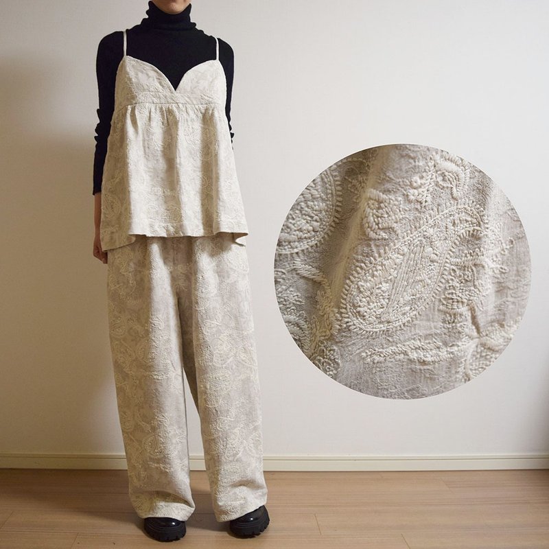 Paisley pattern embroidery, cotton linen botanical jacquard, wide pants, ivory - กางเกงขายาว - ผ้าฝ้าย/ผ้าลินิน ขาว