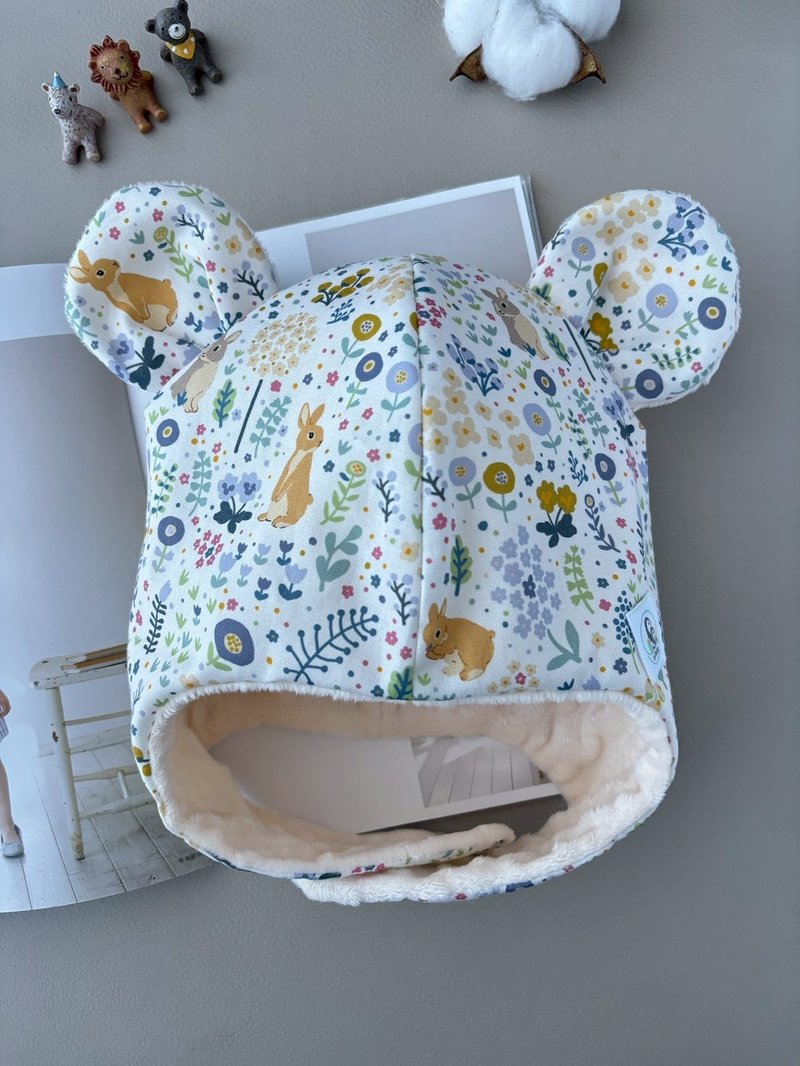 寶寶保暖遮耳帽  兔兔花園雙色    彌月禮 寶寶熊耳帽 兒童保暖帽 - 嬰兒帽子/髮帶 - 棉．麻 多色