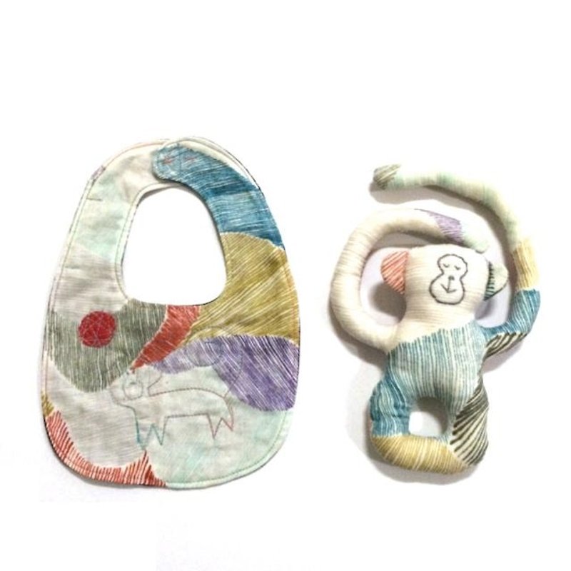 baby gift droll small monkey style & Niginigi rattle set - Bibs - Paper Brown