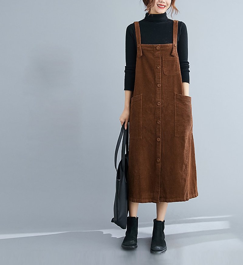 [Senzhihai] Corduroy Camisole Dress (Spot + Pre-order) - One Piece Dresses - Other Man-Made Fibers Brown
