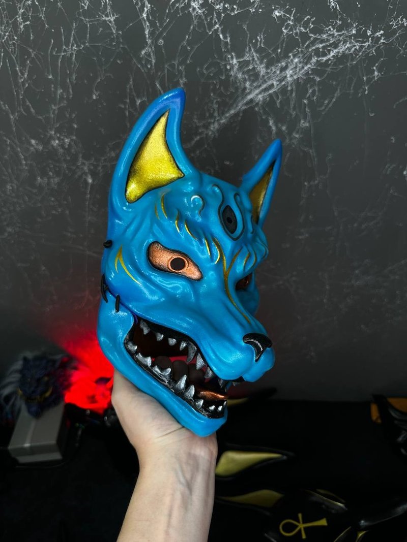 Japanese Kitsune mask Blue, Full face Kitsune mask, Japanese fox mask wearable - Face Masks - Plastic Blue