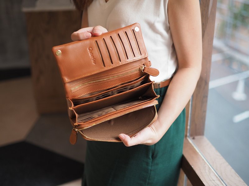 Mousse wallet, Long wallet, leather wallet, Brown-orange wallet - กระเป๋าสตางค์ - หนังแท้ สีนำ้ตาล