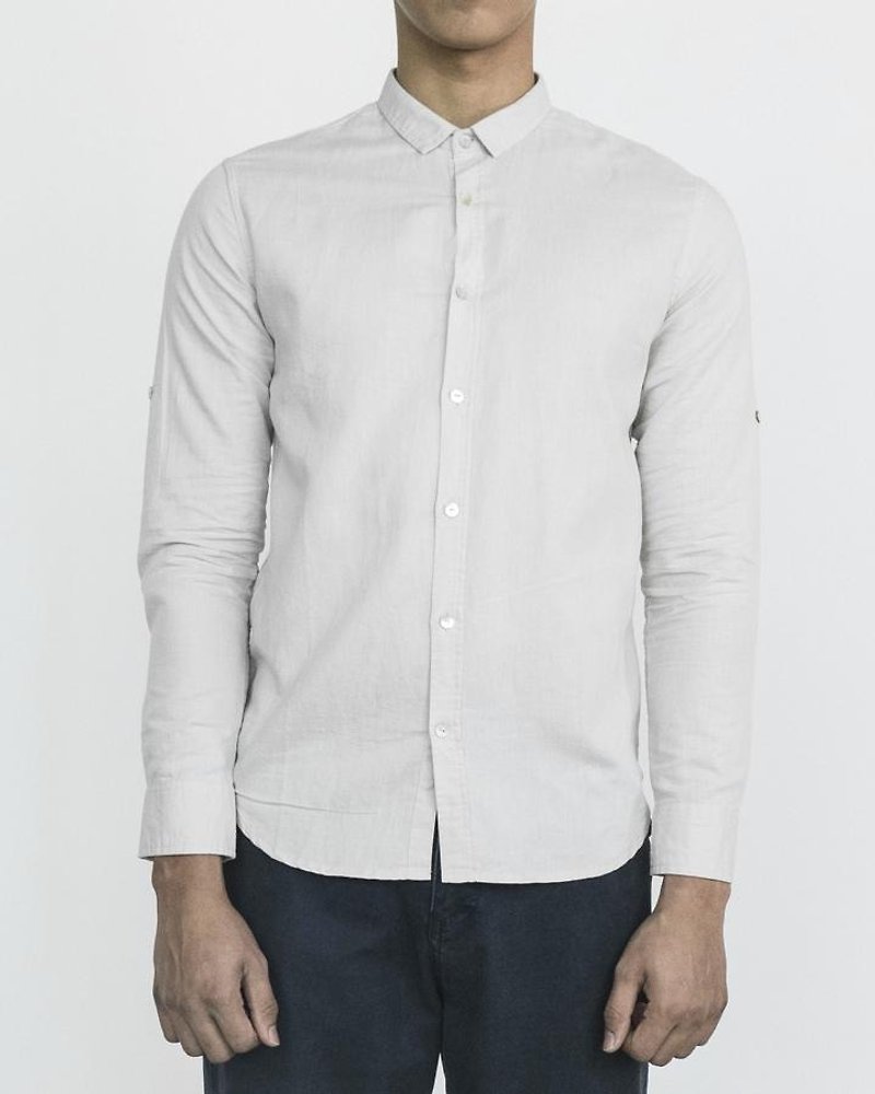 Convertible Collar Linen Shirt - เสื้อเชิ้ตผู้ชาย - ผ้าฝ้าย/ผ้าลินิน สีกากี