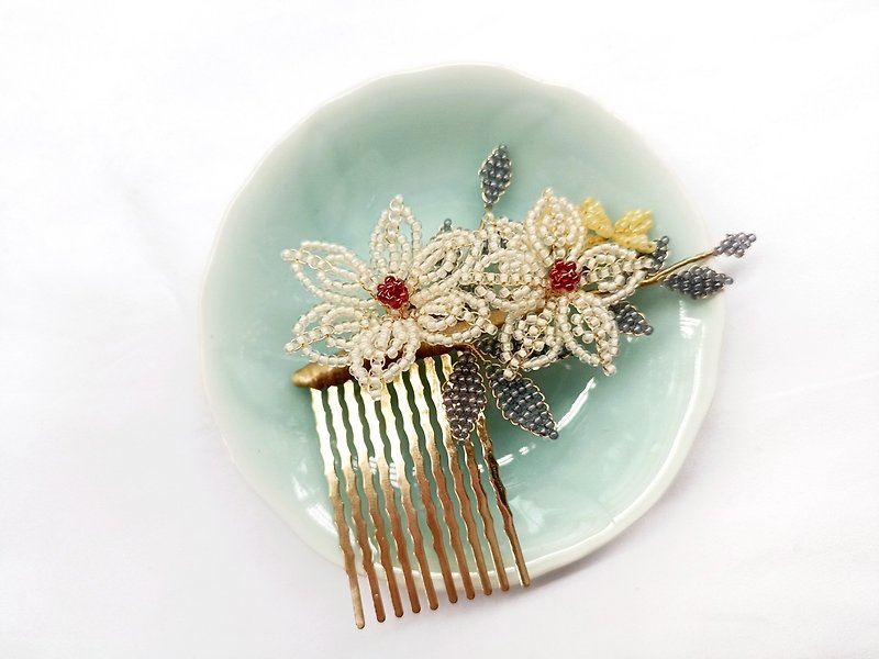 Bailu pure white flower ancient style traditional bead flower hair accessories hairpin jewelry - เครื่องประดับผม - วัสดุอื่นๆ ขาว