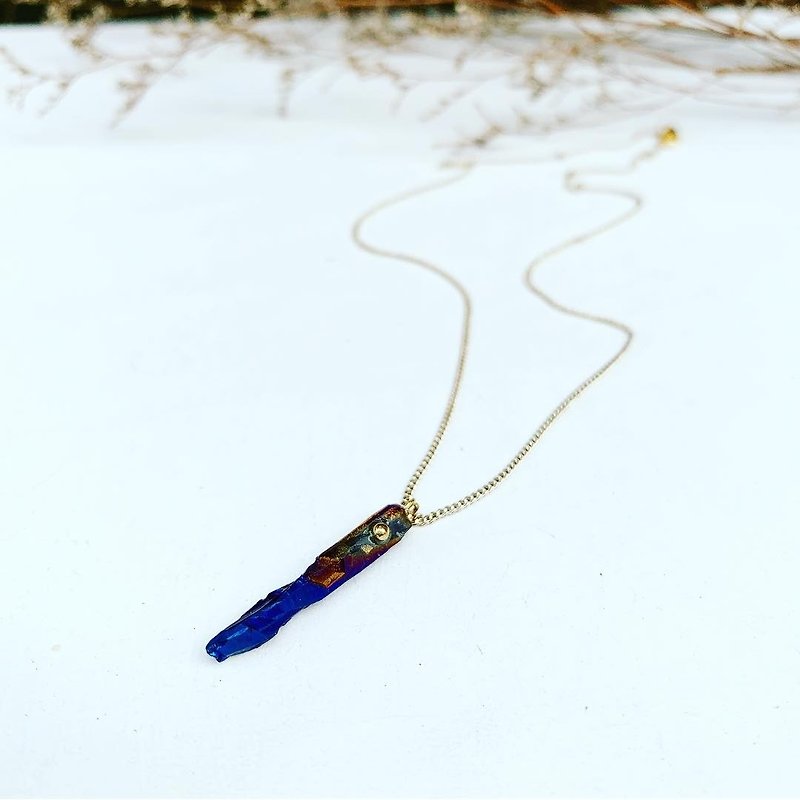 - Starry Galaxy _mini cool blue quartz Stone slender shape _ short necklace _ collarbone chain _ - Long Necklaces - Gemstone Blue