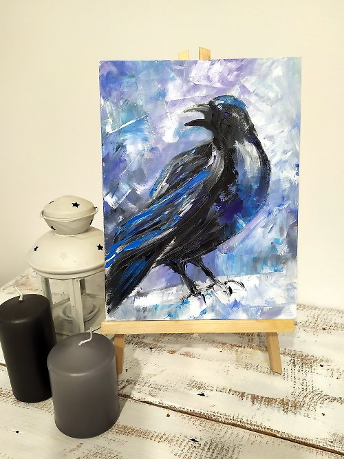 DCS-Art Raven on snow oil painting original on canvas small size home decoration