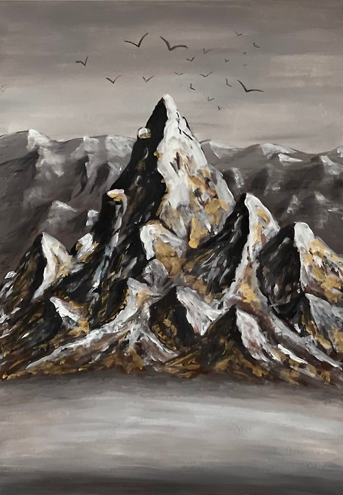 vernissage-VG-galery Gilded mountains in the mist. Gouache.