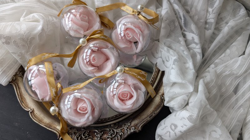 Wedding souvenirs, corporate gifts, light pink rose soap flowers, earthy gold ribbon soap flower balls - Other - Other Materials Pink