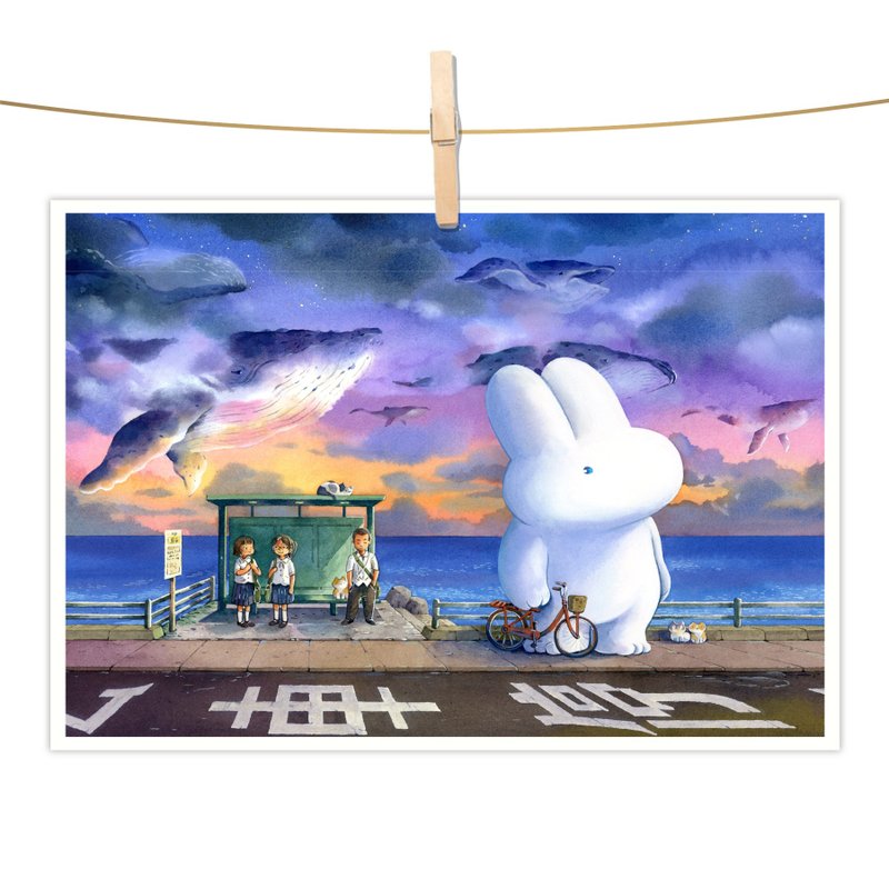 afu水彩插畫明信片-飛鯨公車站 - 卡片/明信片 - 紙 多色