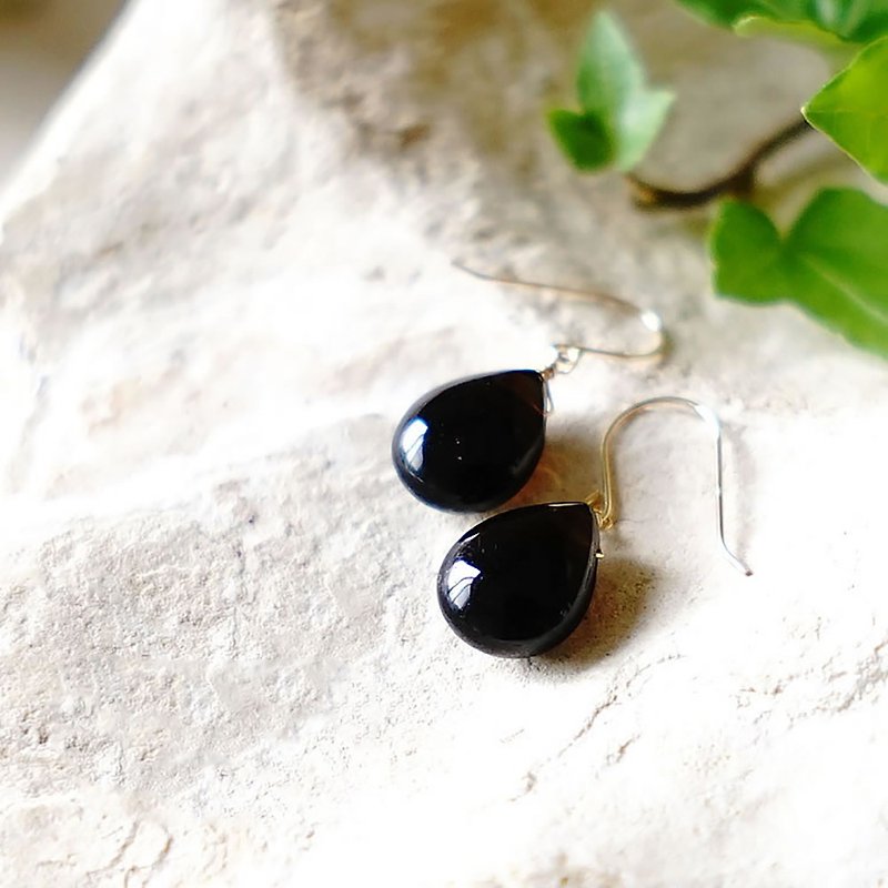 K18 morion black crystal marron cut earrings or Clip-On natural stone - ต่างหู - โลหะ สีดำ