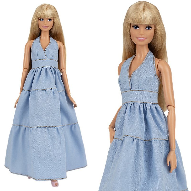ELENPRIV sky blue cotton sundress outfit for Barbie doll 30cm 11 1/2 in. dolls - ของเล่นเด็ก - เส้นใยสังเคราะห์ สีน้ำเงิน