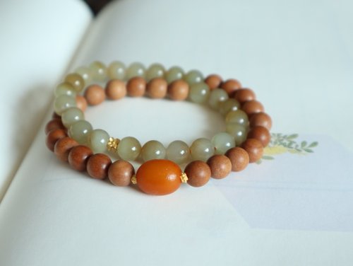 Angel's tears 天使之淚 Jewelry Design 天然和田玉/和闐玉-新疆糖白玉 老山檀蜜蠟晴水玉設計多圈手串