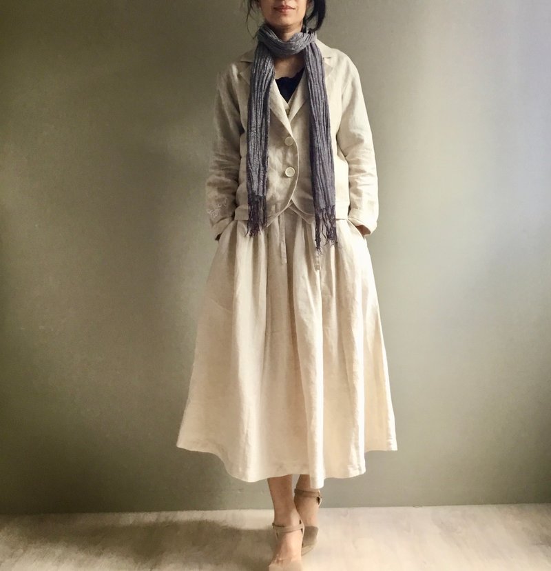 寧靜海/純淨感/亞麻原色棉麻壓摺抽繩中長裙 - 裙子/長裙 - 棉．麻 