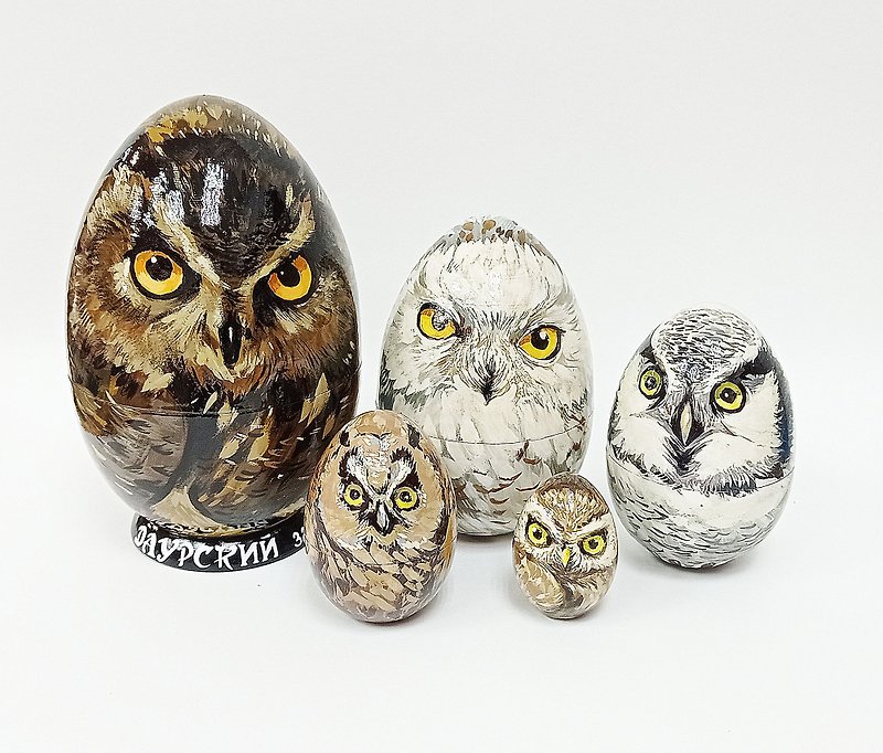 Big real owls, A Matryoshka of very realistic owls, matryoshka with animals - ของวางตกแต่ง - ไม้ สีนำ้ตาล