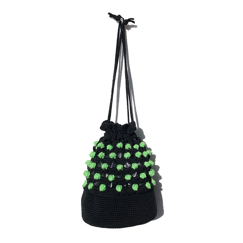 [Mini Bag] Pokopoko Drawstring Shoulder Bag BLACK 2WAY - กระเป๋าแมสเซนเจอร์ - ผ้าฝ้าย/ผ้าลินิน สีดำ