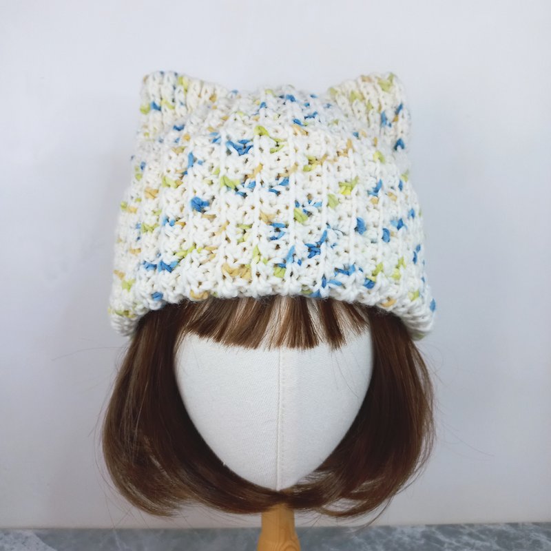 Speckled Yarn Cat Ear Hat, Knit Hat, Hand-Crocheted Hat - Hats & Caps - Cotton & Hemp White