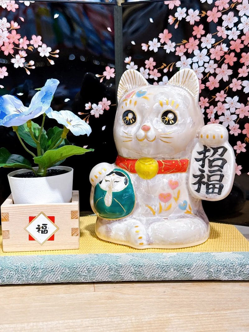 【杏色福運】日本清水燒招財貓 | 達摩花結晶 - 杏招福 - 擺飾/家飾品 - 瓷 卡其色