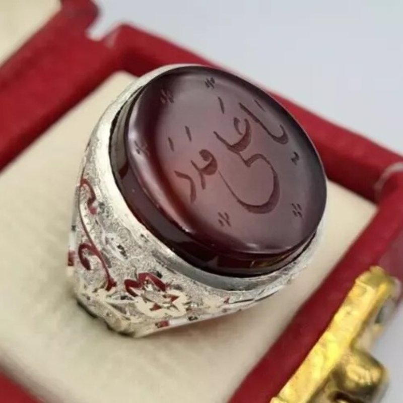 YA ALI MADAD engraved on agate natural yemeni aqeeq akik hakik stone mens rings - 戒指 - 寶石 紅色