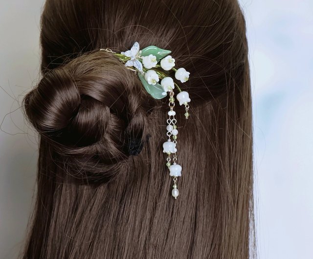 ヘアアクセサリー　ハンドメイド レモンハンドメイドヘアアクセサリー天然ホワイト鈴蘭ヘアピン