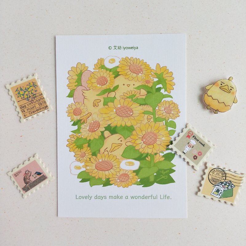 【Illustration postcard】Chicken in shell and sunflower - Cards & Postcards - Paper Yellow