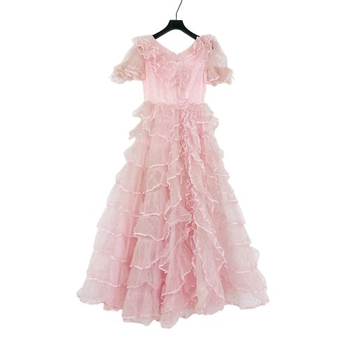 蘿綺莉蕾芭索 二手 粉紅 網紗 點點 層次 拼接緞面 禮服 短袖 洋裝 PMF16