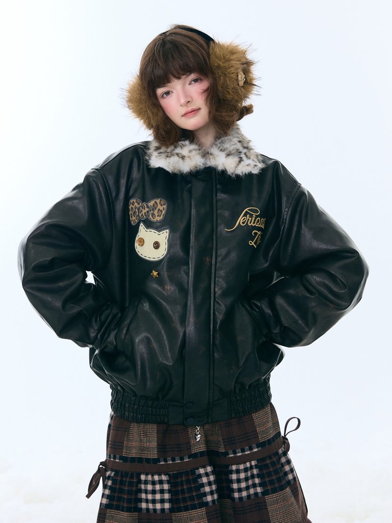 ziziFei Autumn/Winter Collection: American Retro Design-Inspired Faux Fur Collar, Thickened Leopard Print Plush, Black PU Leather Jacket for Women - เสื้อผู้หญิง - วัสดุอื่นๆ สีดำ