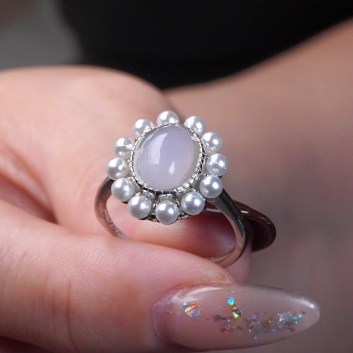 瓔珞珠寶盒 E.L.Jewelry Box 冰種翡翠蛋面珍珠戒指 925純銀 | 天然緬甸玉翡翠A貨 | 送禮