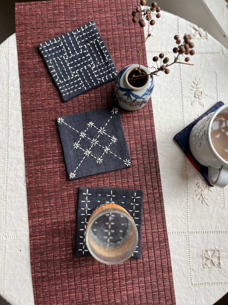 Sashiko embroidered coasters set of 3 pieces - Coasters - Cotton & Hemp Blue