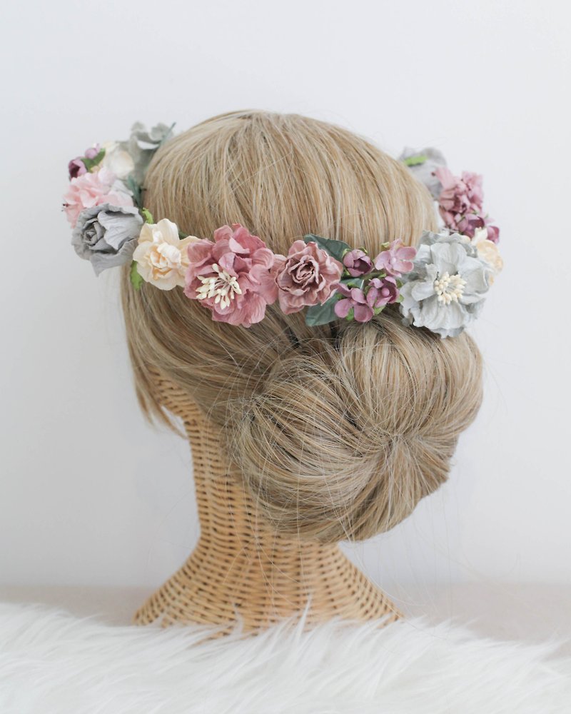 MAUVE MALIBU Handmade Paper Flower Floral Crown - 髮夾/髮飾 - 紙 粉紅色