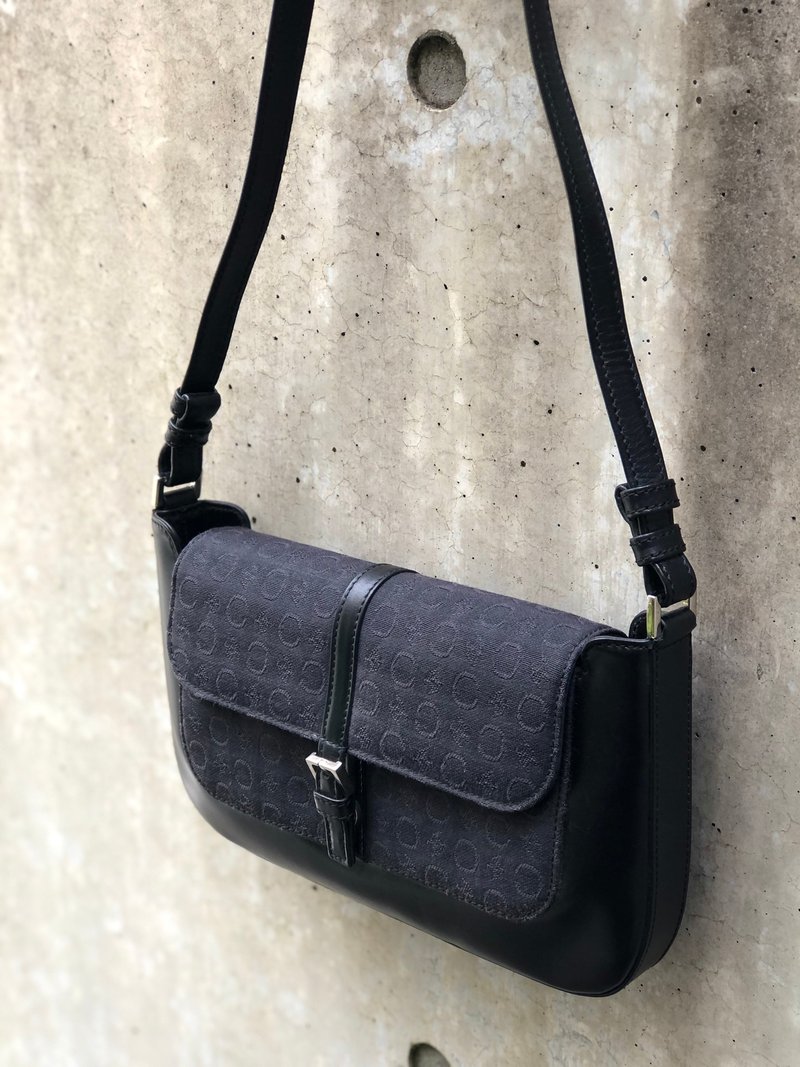 【 日本直送　名牌中古包 】CELINE セリーヌ　Cマカダム　フロントベルト　ジャガード×レザー　ホーボー　ショルダーバッグ　ブラック　t6b3be - 手提包/手提袋 - 真皮 黑色