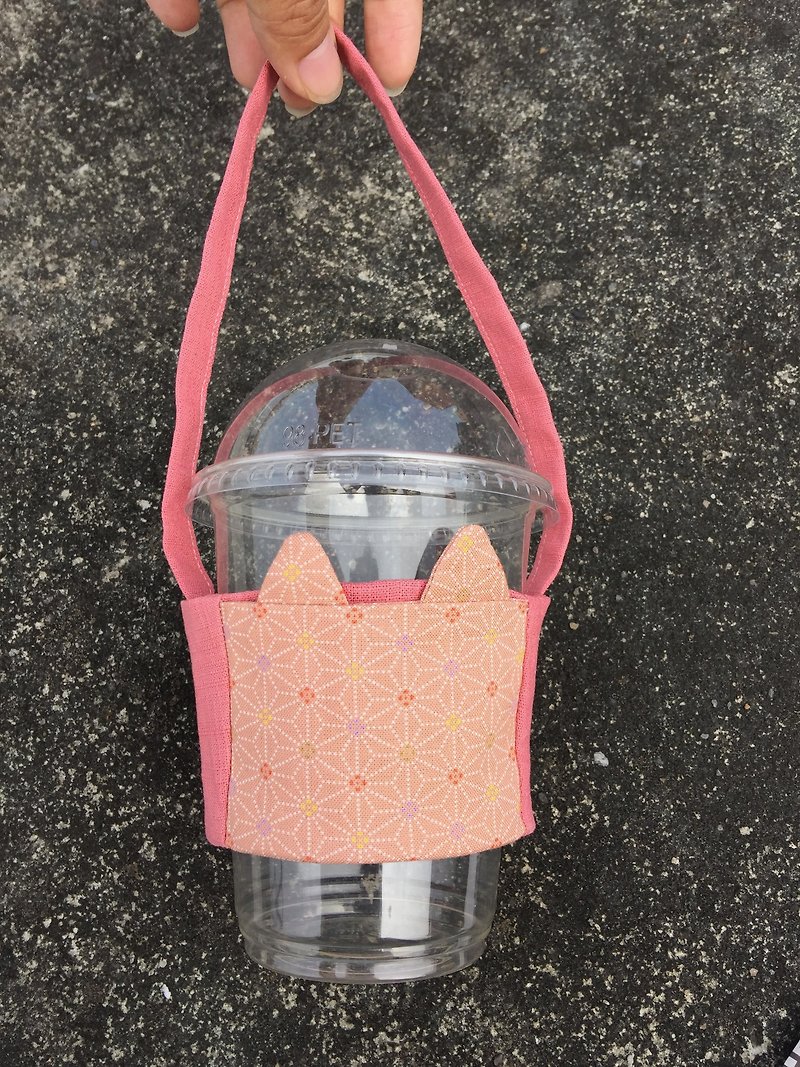 ピンクの猫の耳グリーンカップ/引き込み式/小さなポケット - ドリンクホルダー - コットン・麻 ピンク