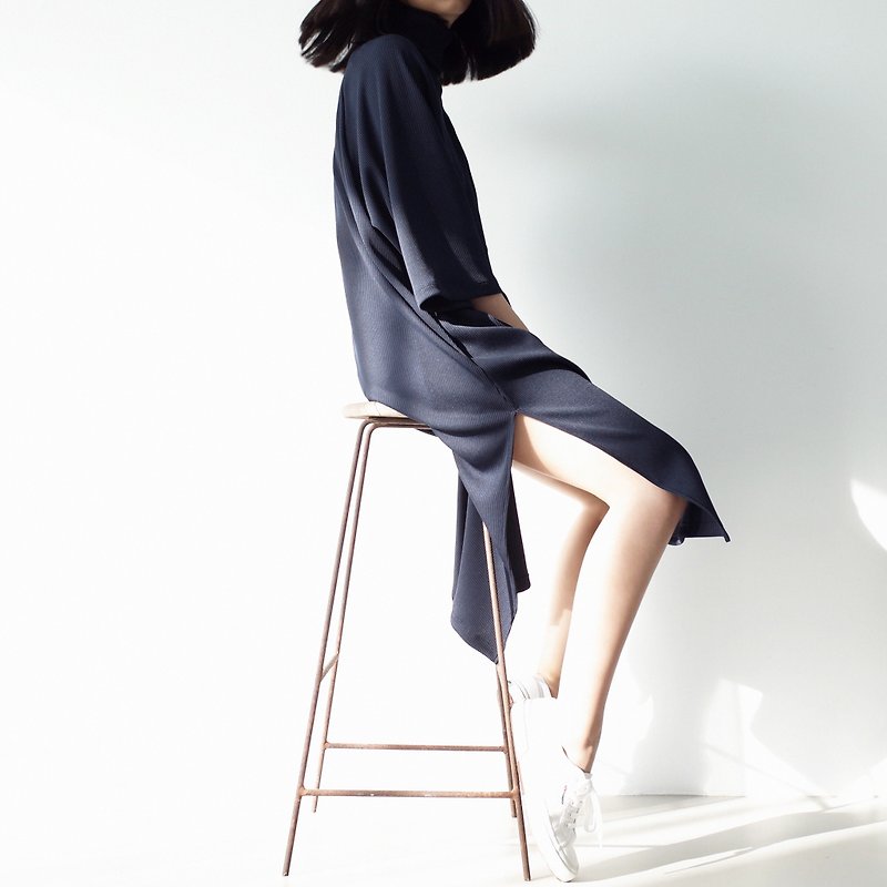 立領羅紋 高衩洋裝 - 洋裝/連身裙 - 聚酯纖維 藍色