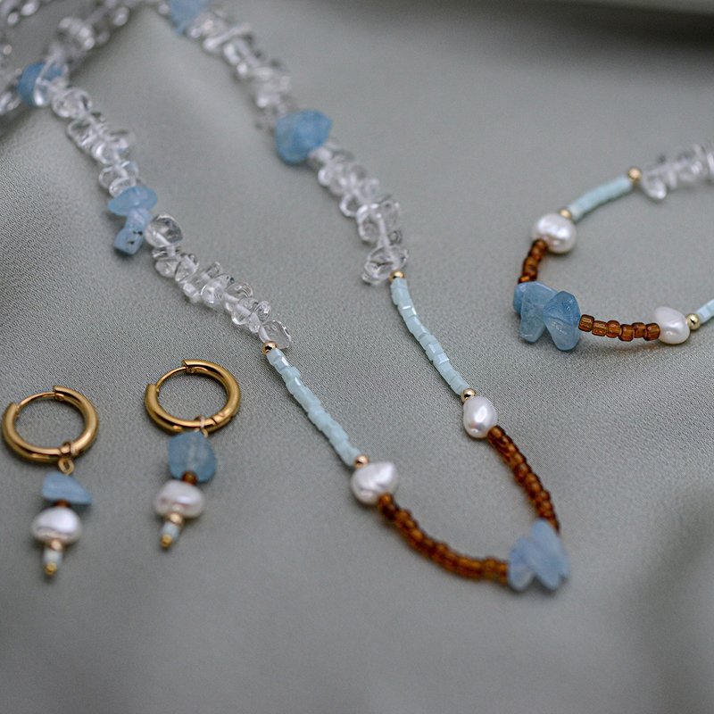 Jewelry Set Earring+Bracelet+Necklace natural aquamarine - สร้อยข้อมือ - เครื่องประดับพลอย สีน้ำเงิน