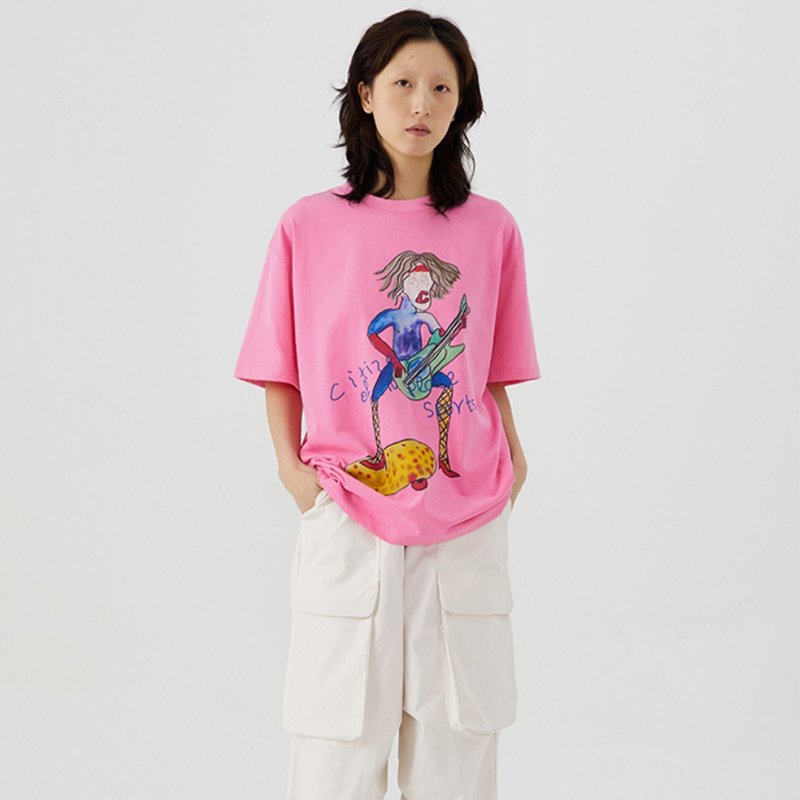 Surf On Land Print T-shirt 陸地沖浪插畫T恤 粉色 無性別穿搭 - 帽T/大學T - 棉．麻 粉紅色