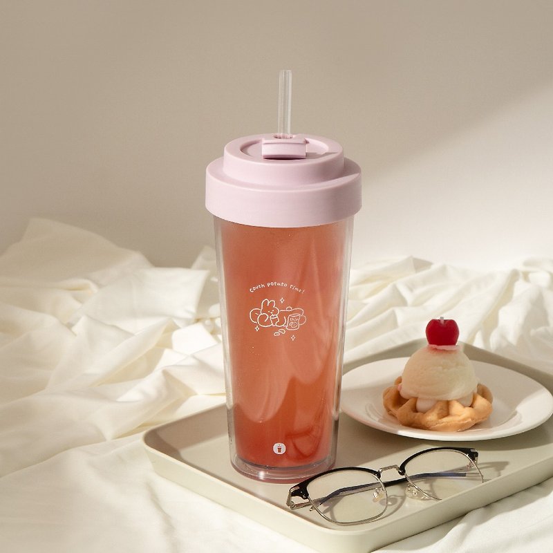 陪伴系列 Ecozen 透明雙層隨行杯 750ml - Lazy Bunny - 水壺/水瓶 - 塑膠 粉紅色