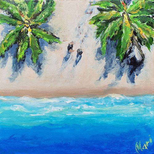 marina-fisher-art 海灘畫棕櫚樹原始牆壁藝術海景熱帶航海假期